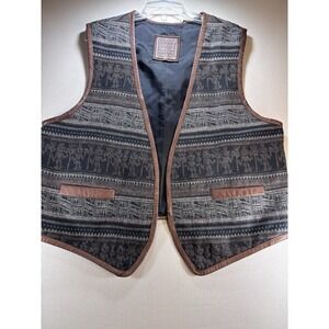 Vintage Sumac Design Men's 100% Wool Vest Leather Trim Aztec Made In Equator